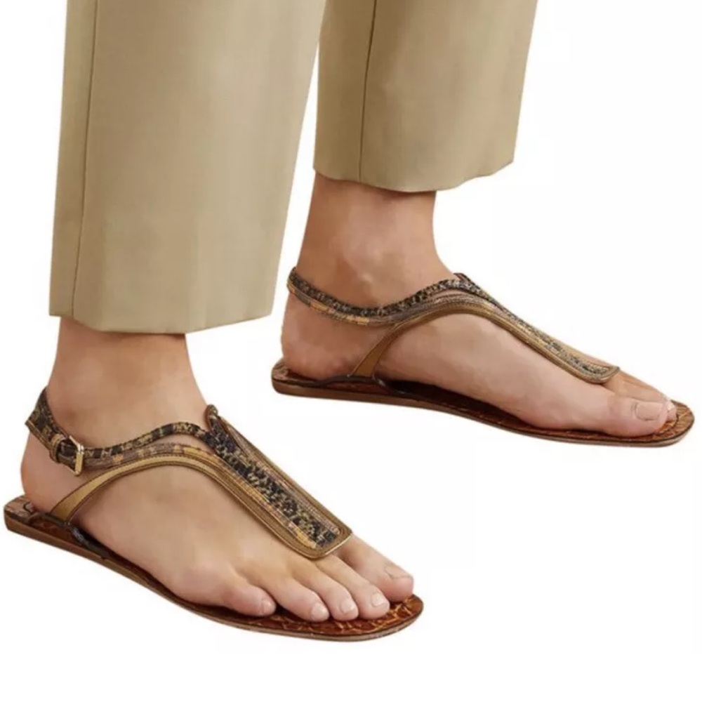 Chloe Carla Croc-Effect Leather Flat Sandals Size 36.5 Brown Bronze Accents